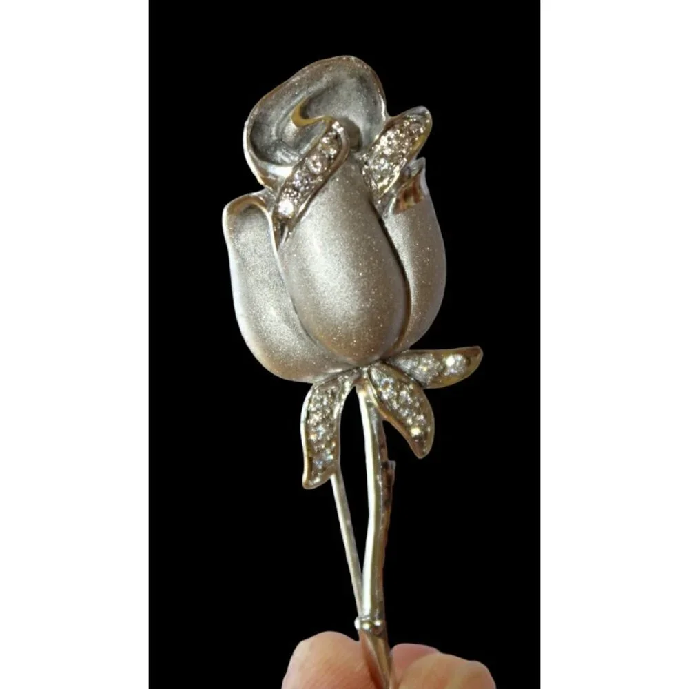 Sterling Silver 925 Rose flower brooch white Rhinestones Vintage
